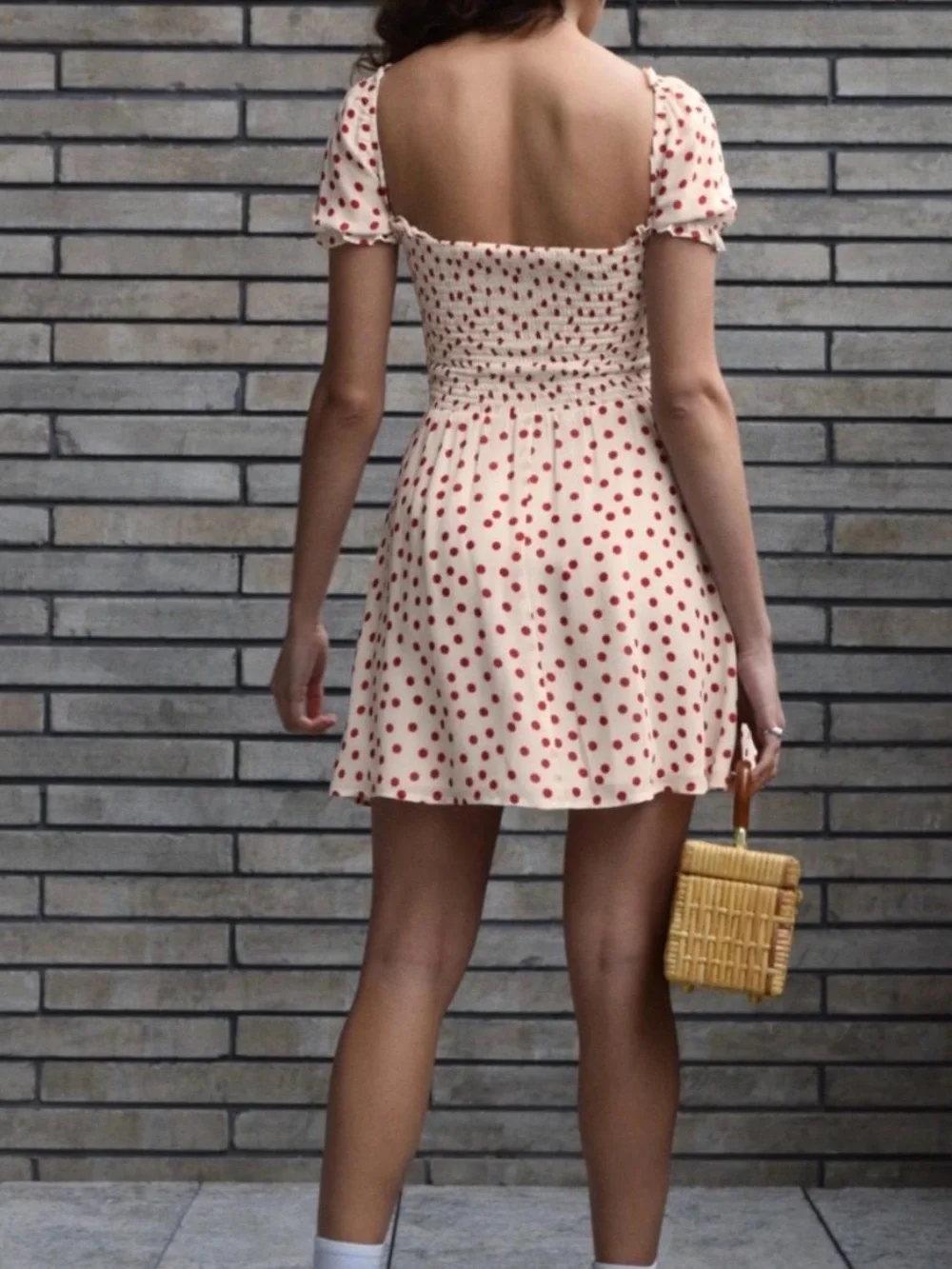 Reformation Cream Midi Dress with Red Polka Dots - Picture 4 of 11